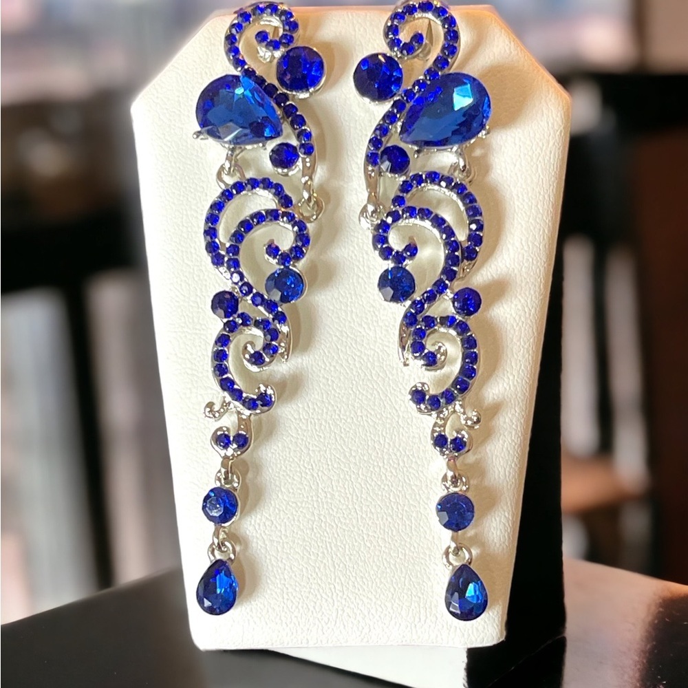 Royal Blue Earrings Crystal Rhinestone Dangle Long Bridal Prom Jewelry Earrings